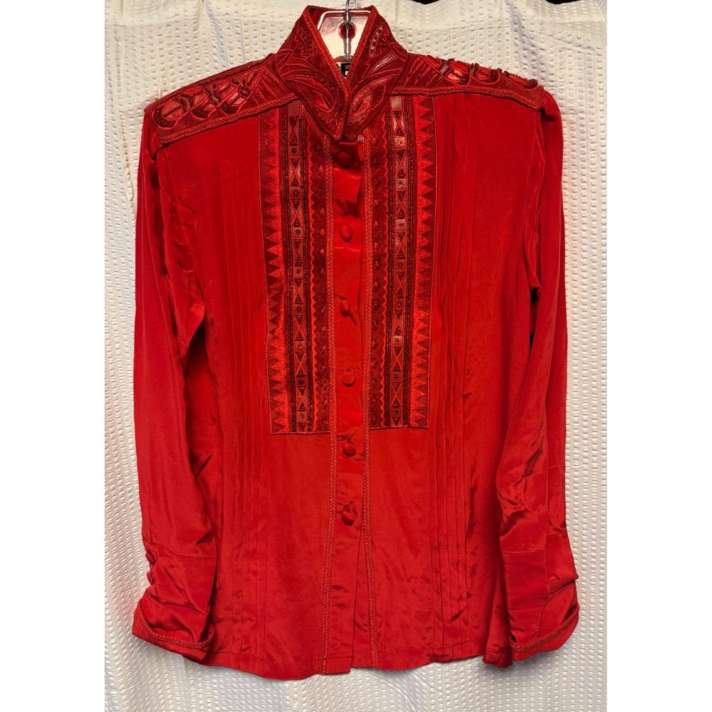 VTG 1980-90s Erez SZ 2 (Small) 100% Silk Red Heavy Embellished Blouse Detail NWT